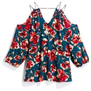 Skies Are Blue Blue, Red, & Cream Floral Strappy Cold Shoulder Blouse (XS)